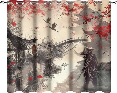 Vista 10 de Cortinas opacas abstractas japonesas samuráis para dormitorio, caballo samurái rústico, rojo, ojal, aislamiento térmico, cortinas de oscurecimiento