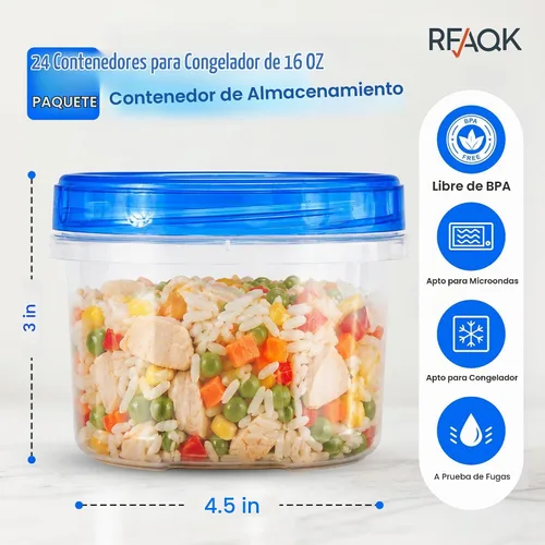 Vista 2 de RFAQK Contenedores de almacenamiento para congelador con tapas, 12 recipientes de plástico de 16 onzas con 12 tapas de rosca, recipientes