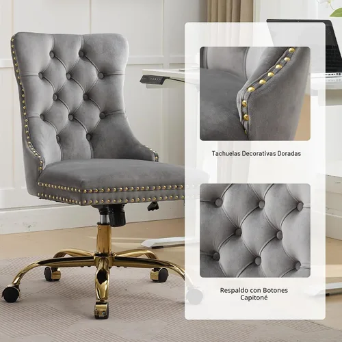 Vista 4 de Silla de escritorio de terciopelo gris con ruedas y base dorada, silla de oficina moderna giratoria cómoda, silla de tocador, silla de tarea, silla