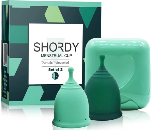 Vista 13 de SHORDY Juego de 2 tazas menstruales (pequeñas/grandes) con caja, copa menstrual suave y copas de período flexibles para mujeres de hasta 12 horas