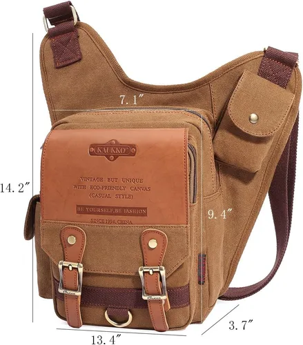Vista 2 de Bolso de mensajero de lona vintage para hombre, bolso de mensajero de retazos de cuero en el pecho
