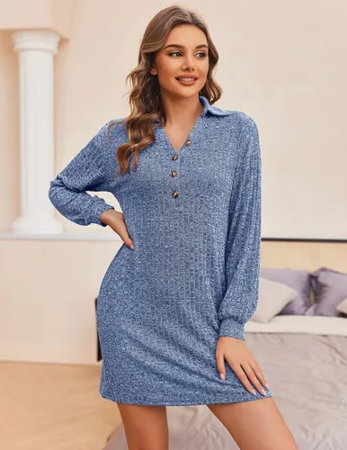 Vista 2 de Ekouaer Women's Nightgown Long Sleeve Ribbed Knit Sleep Shirts V Neck Sleepwear Button Notch Collar Nightshirt