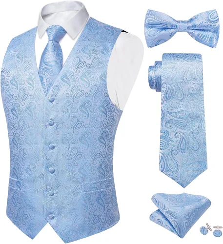 Vista 19 de DiBanGu Conjunto de 5 chalecos de seda con corbata y corbatín para hombre Paisley oro negro