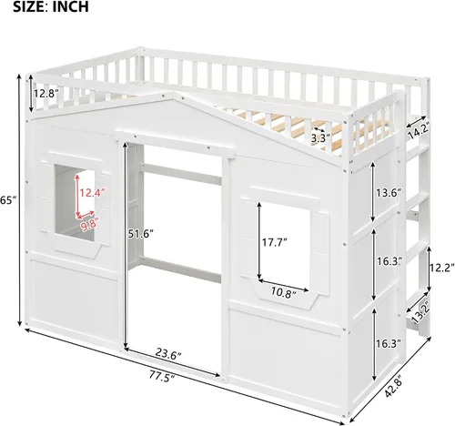Vista 2 de Base de cama individual tipo loft para niños, cama tipo loft de madera con ventanas y barandilla, cama de casa de juegos, cama tipo loft