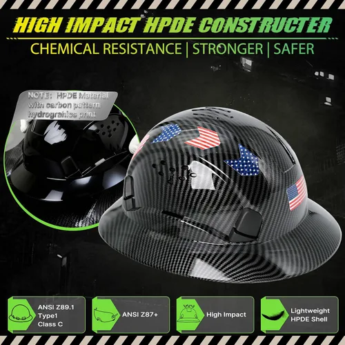 Vista 2 de Casco duro de ala completa con patrón de fibra de carbono con visera, casco de seguridad de construcción aprobado por la OSHA para hombres