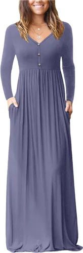 Vista 15 de GRECERELLE Vestido de manga larga con cuello en V para mujer, estilo casual, con botones, maxi, 2025, con bolsillos 01 Negro
