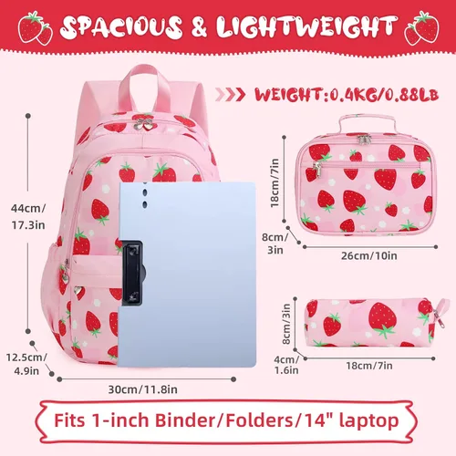 Vista 2 de Mochila para niñas, juego de mochila de unicornio para niños, mochila de escuela primaria primaria con lonchera y estuche para lápices, Rosado, Fresa