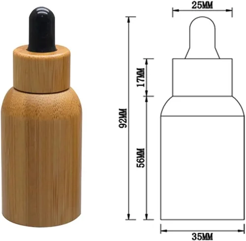 Vista 3 de Botellas cuentagotas de vidrio ámbar con cáscara de bambú de 0.51 onzas líquidas, rellenables, vacías, frascos cuentagotas con pipetas, botellas