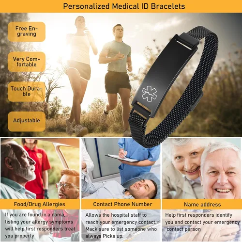 Vista 56 de VNOX Pulsera de identificación de alerta médica para hombres y mujeres, pulseras de alerta médica con grabado personalizado para mujeres y hombres