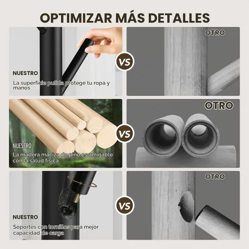 Vista 8 de Hupmad Perchero de árbol de madera, perchero resistente independiente con 8 ganchos, 3 alturas ajustables para niños y adultos, perchero de madera