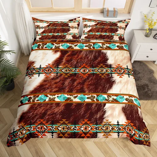 Vista 23 de Erosebridal Funda de edredón de piel de vaca marrón con estampado de vaca de las tierras altas, juego de ropa de cama occidental exótico azteca