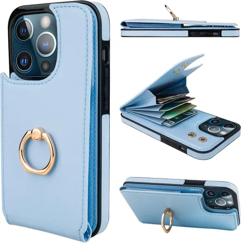 Vista 15 de Folosu Funda compatible con iPhone 13 Pro con soporte para tarjetas, rotación de 360°, soporte de anillo de dedo con función atril, protección RFID