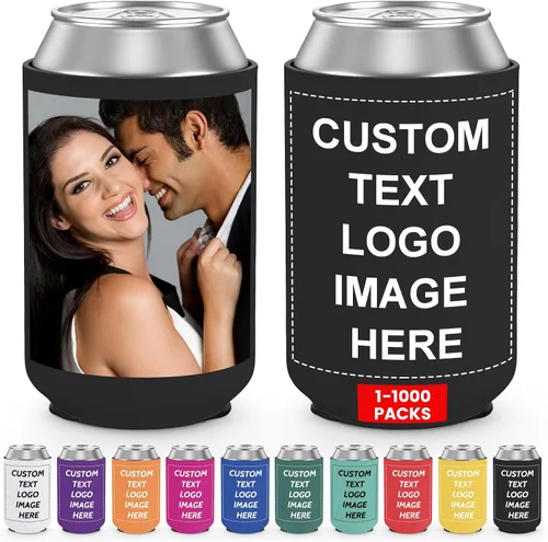 Vista 29 de Valyria Fundas enfriadoras de latas personalizadas, 1 unidad, plegable, aislante, soporte para bebidas con logotipo, imagen, texto para aniversario