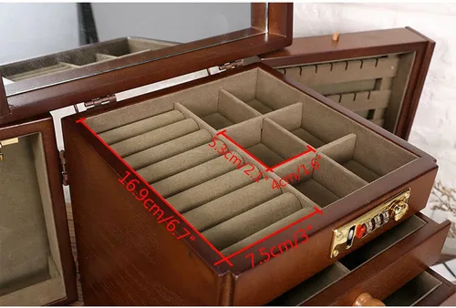 Vista 3 de Caja de almacenamiento multifuncional de madera, caja organizadora de madera maciza con cerradura combinada para joyas, relojes, collares, anillos