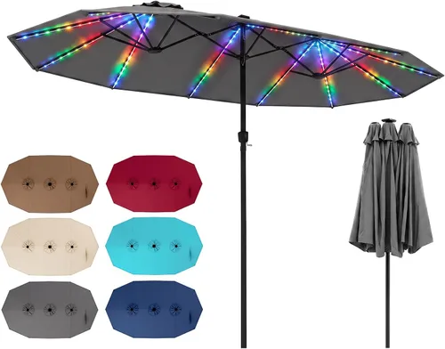 Vista 30 de Tangkula Sombrilla solar de patio de 13 pies, sombrilla de doble cara extra grande para mesa de mercado al aire libre con 36 luces LED, mango