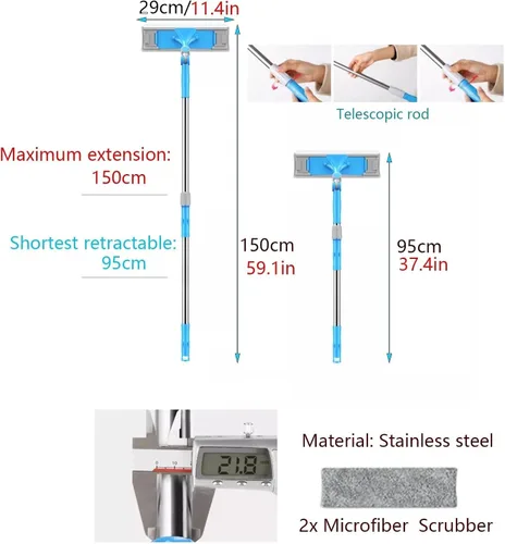 Vista 2 de Limpiador de ventanas, 2 en 1, herramienta de limpieza de ventanas, kit de equipo telescópico de lavado de ventanas con cabezal flexible y 2