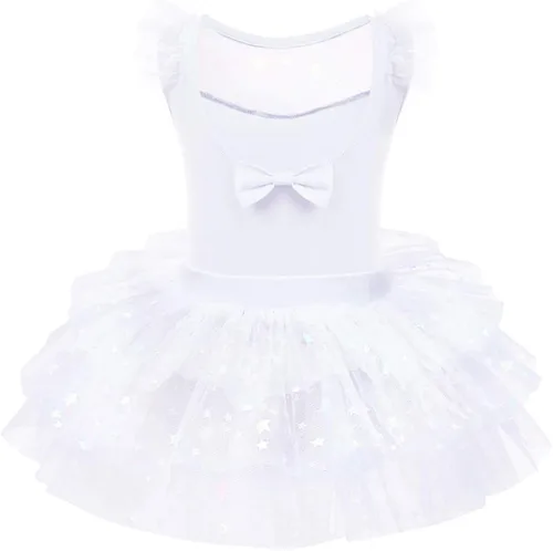 Vista 2 de IDOPIP Leotardo con falda de tutú de estrella con purpurina para niñas, manga con volantes, vestido de bailarina, traje de gimnasia
