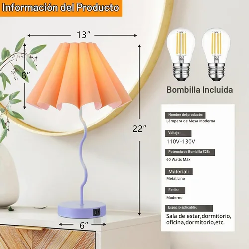 Vista 3 de EOEYYOYB Lámparas de mesa para sala de estar, lámparas regulables modernas azules y naranjas con puerto USB y toma de corriente