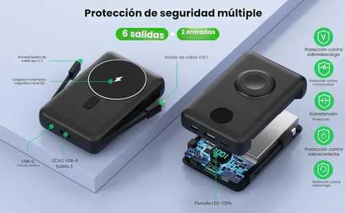 Vista 8 de Cargador portátil magnético para MagSafe con cable integrado, cargador para iWatch, banco de energía inalámbrico de 10800mAh, artículos esenciales