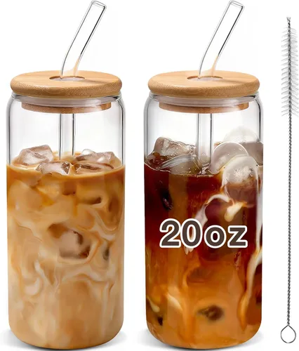 Vista 8 de DWTS DANWEITESI Tazas de café helado con tapas, 2 piezas, tazas de vidrio de 16 onzas con tapas y pajitas como accesorios de barra de café, vasos