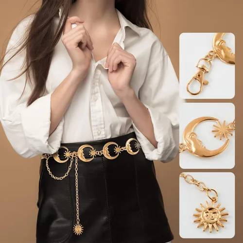 Vista 3 de FIORETTO Cinturón de cadena para mujer, cadena de metal para mujer, cadena multicapa para vestido