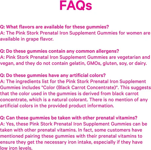 Vista 8 de Gomitas de suplemento prenatal de hierro para mujer, 20 mg, 60 unidades de Pink Stork Con vitamina C para absorción, sabor a uva, alivia