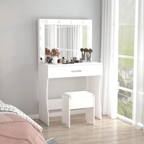 Vista 9 de Vabches Tocador de maquillaje con luces, Mesa tocador de maquillaje, Brillo ajustable, Cajón grande tocador resistente para dormitorio estudio