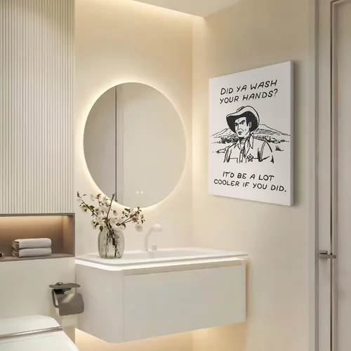 Vista 2 de Cuadros enmarcados de vaquero retro en blanco y negro para la pared de la cocina ¿Lavaste tus manos? Impresiones en lienzo, imágenes divertidas