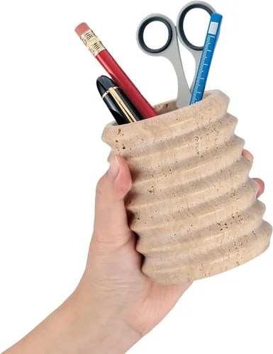 Vista 5 de Soporte para bolígrafos para escritorio, piedra de travertino natural, soporte para brochas de maquillaje, vaso moderno y funcional para lápices