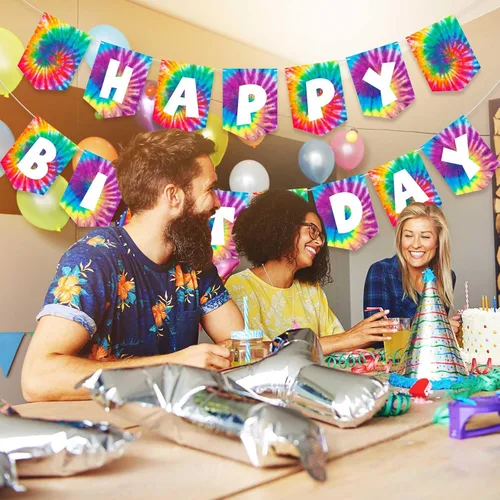 Vista 4 de Tenare 15 banderines de teñido anudado para fiesta de feliz cumpleaños, banderín y temática hippie de los años 60, decoración de remolinos