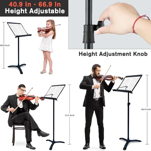 Vista 3 de RANMING Soporte de música resistente de doble uso, plegable, para partituras, soporte ajustable para notas musicales con soporte para micrófono, Azul