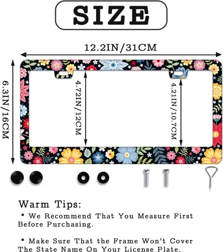 Vista 2 de Marco de matrícula personalizado, marco de placa de matrícula de flores hippie, 2 piezas, cubierta de placa de acero inoxidable para hombres