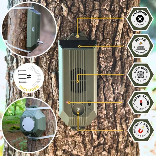 Vista 5 de Alarma perimetral de cable Tactiko Wire Trip 2.0, 129 dB recargable – Alambre de Kevlar de 24.4m, solar/USB, resistente a la intemperie, disuasorio