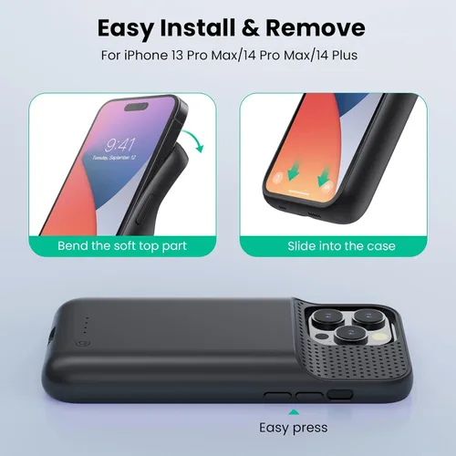 Vista 6 de Funda de batería para iPhone 14 Pro Max, 14 Plus y 13 Pro Max, funda de carga inteligente recargable real de 8600 mAh, batería protectora portátil