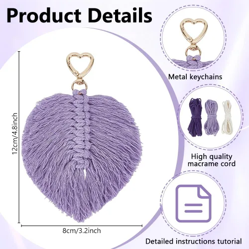 Vista 3 de INFUNLY Juego de 5 llaveros de pulsera de macramé morado, kit de llavero trenzado para adultos, dijes de macramé, juego de nudos con borla bohemia
