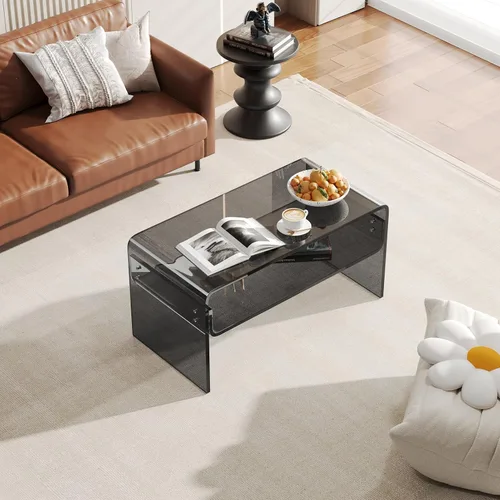 Vista 6 de Mesa auxiliar acrílica, mesa auxiliar moderna rectangular negra, mesa de té con almacenamiento abierto, adecuada para sala de estar, recepción