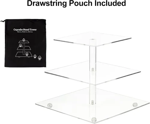 Vista 4 de AMEITECH Soporte para magdalenas con base, soporte cuadrado de acrílico de 3 niveles, soporte de exhibición de postres de torre de pastelería