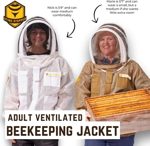 Vista 6 de Sting Stopper - Chaqueta de apicultura ventilada con velo Chaqueta de abeja transpirable de triple capa Torso largo, 7 bolsillos, cremalleras
