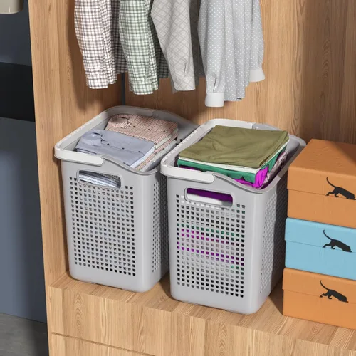 Vista 6 de Taysisiter - Cesta de almacenamiento de plástico de 35 L con asa, 4 paquetes Cestas pequeñas de ropa sucia para baño, cuarto de servicio