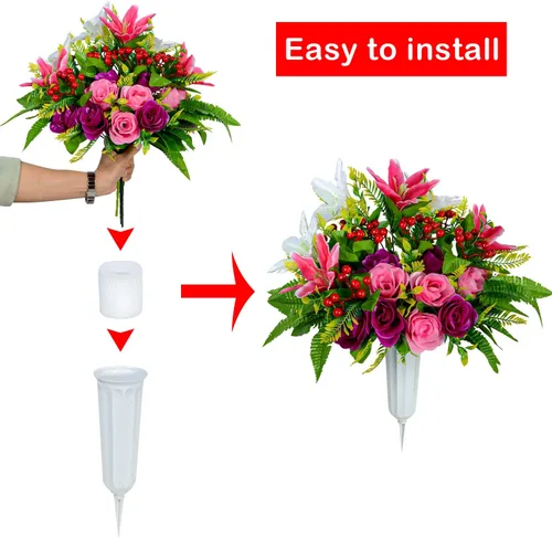 Vista 3 de XONOR Flores artificiales de cementerio con jarrón juego de 2 ramos de rosas artificiales de lirio para decoración de lápidas de cementerio