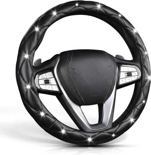 Vista 10 de SuperKaKa Funda para volante negra y roja, accesorios de interior de automóvil de estilo diamante con brillo lindo y cómodo, protector brillante que