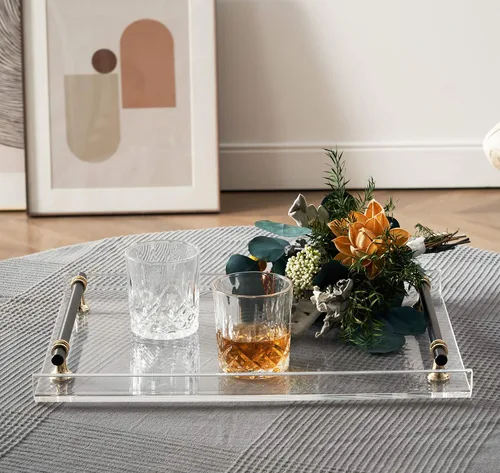 Vista 4 de Artmaze Bandeja acrílica, con mango de metal negro, para mesa de café, decorativo, 16 x 12 pulgadas Mango negro