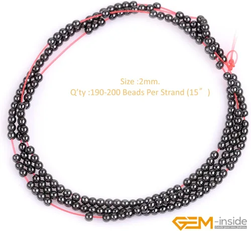 Vista 2 de GEM-Inside - Cuentas redondas sueltas de hematita negra natural de 0.079 pulgadas para hacer joyas, 15 pulgadas