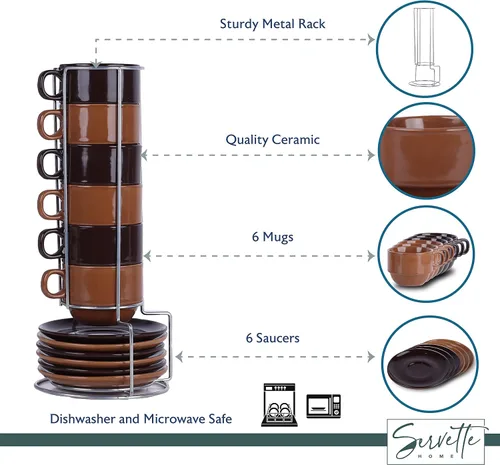Vista 4 de Servette Home Tazas de café espresso apilables de 5 onzas con platillos y soporte, juego de 6