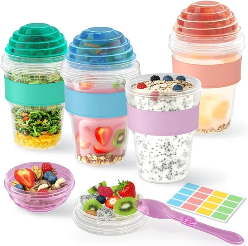 Vista 10 de Paquete de 4 tazas de yogur para parfait con tapas reutilizables, recipientes de plástico de 20 onzas para avena para llevar con compartimento