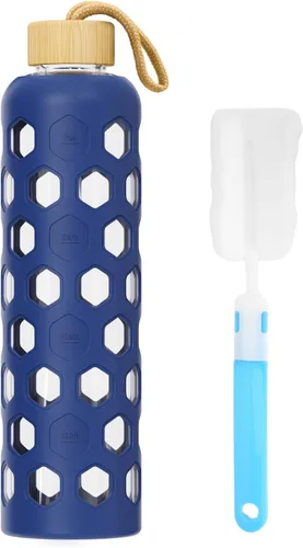 Vista 9 de Botella de agua de vidrio de 32 onzas con tapa de bambú, botellas reutilizables transparentes con funda de silicona y marcador de tiempo, vaso