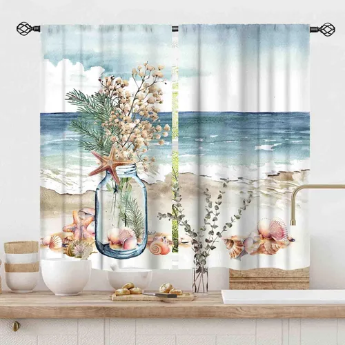 Vista 24 de Cortinas costeras, temática de playa de verano, acuarela, medusas náuticas, estrellas de mar, concha, caballito de mar, azul, opacas, cortinas