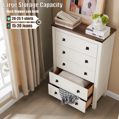 Vista 5 de T4TREAM Cómoda rústica de 48 pulgadas de alto con 5 cajones para dormitorio Blanco antiguo