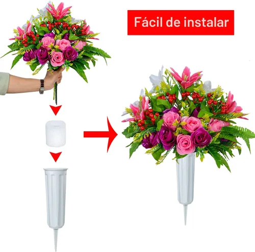 Vista 3 de XONOR Flores artificiales de cementerio con jarrón, juego de 2 ramos de lirios de rosas artificiales, flores conmemorativas para decoración
