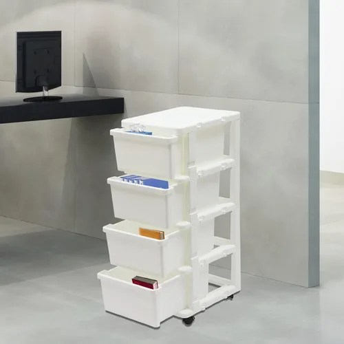 Vista 2 de Organizador de 4 cajones con bandeja superior, organizador de cajones de plástico con ruedas, organizador de escritorio, almacenamiento versátil